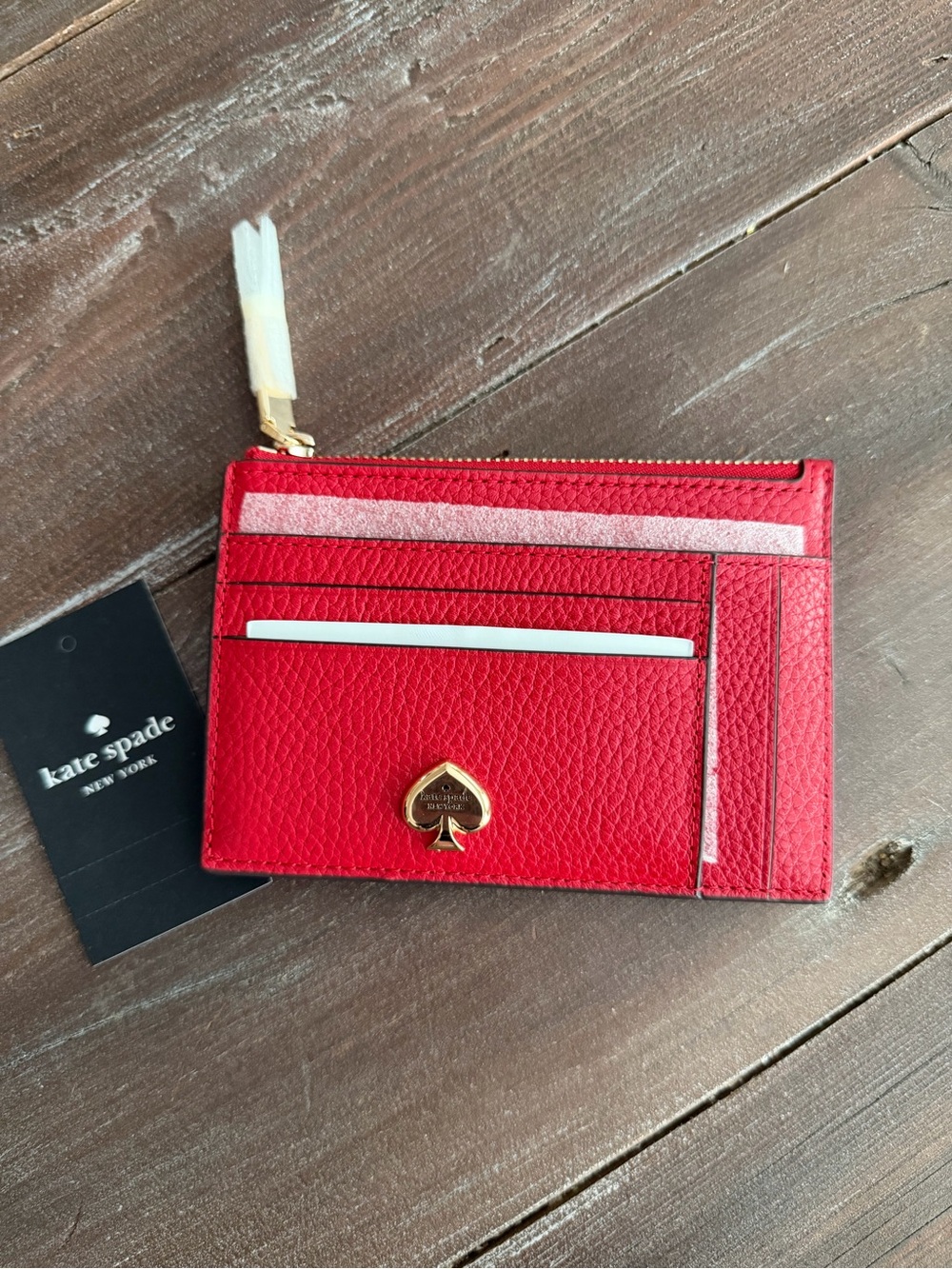 Kate Spade Red pebble leather wallet large slim cardholder NWT cherry gold $119